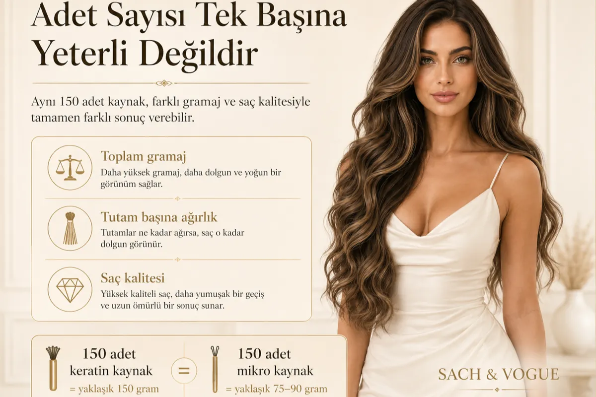 Adet sayısının tek başına yeterli olmadığını anlatan bilgi görseli: toplam gramaj, tutam başına ağırlık ve saç kalitesi kalemleri