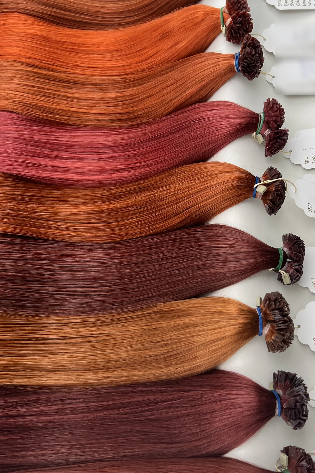 Kızıl, bakır ve auburn tonlarında gerçek keratin uçlu saç kaynak tutamları