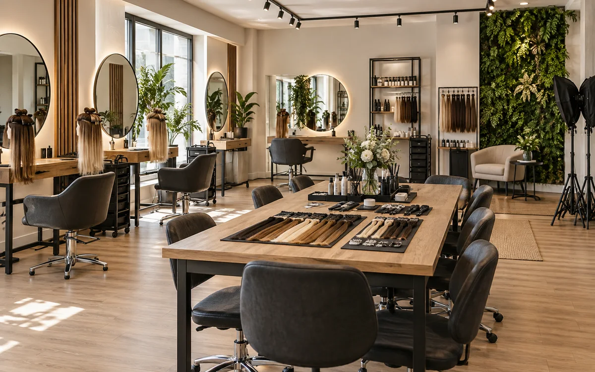 Empty professional hair-extension training studio with mannequin practice stations.